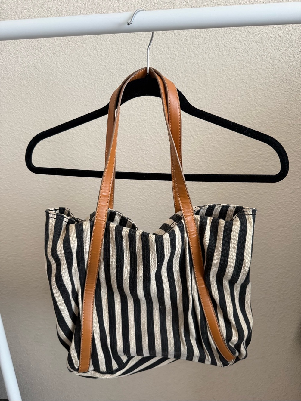 Mango brand Striped Canvas Tote Bag with Tan Leather Straps